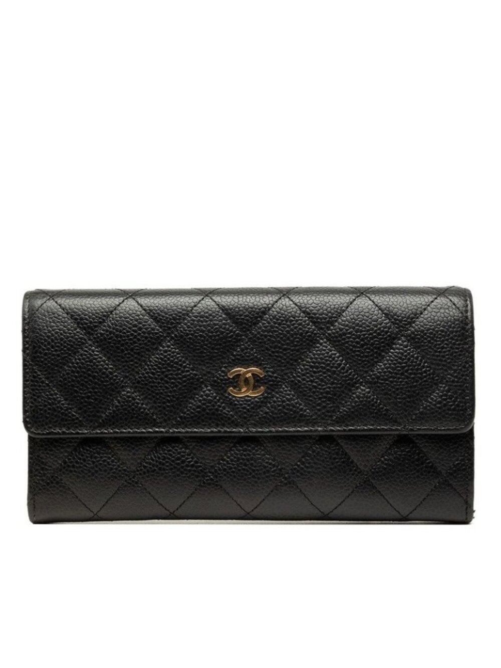 Chanel CC Logo Quilted Wallet Black Gold Caviar Leather